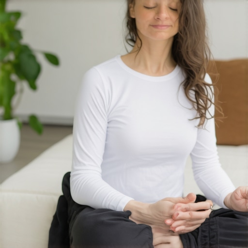 Person sitting peacefully in meditation pose at home