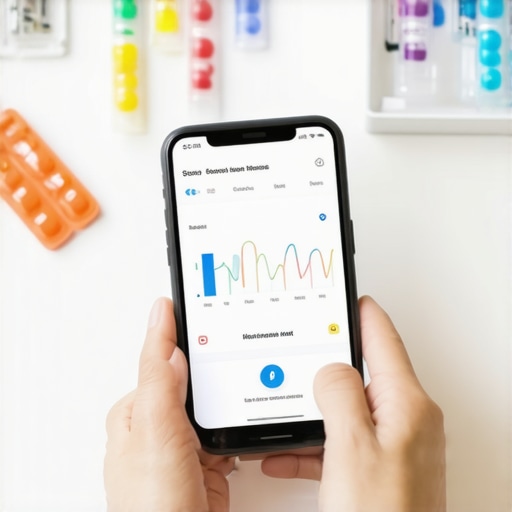 Person recording health data on their smartphone with medical supplies around