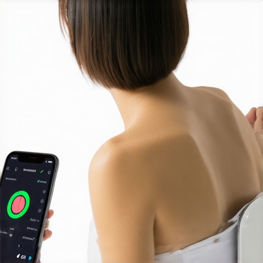 Person standing on a smart scale holding a smartphone showing health data.