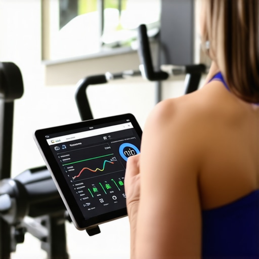 Person monitoring health stats on a tablet and smartwatch during workout at home