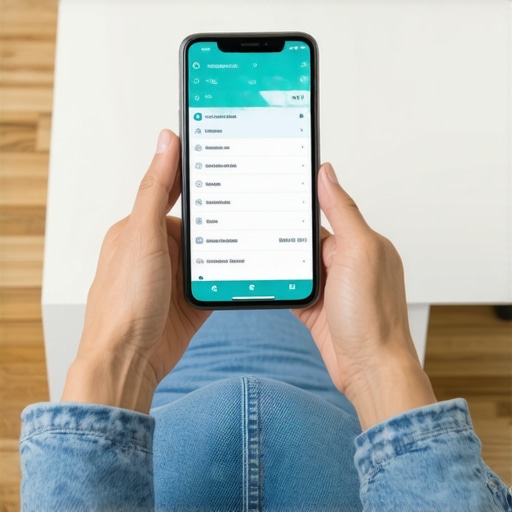 Close-up of a person's hands holding a smartphone displaying health tracking app alongside a body composition scale.