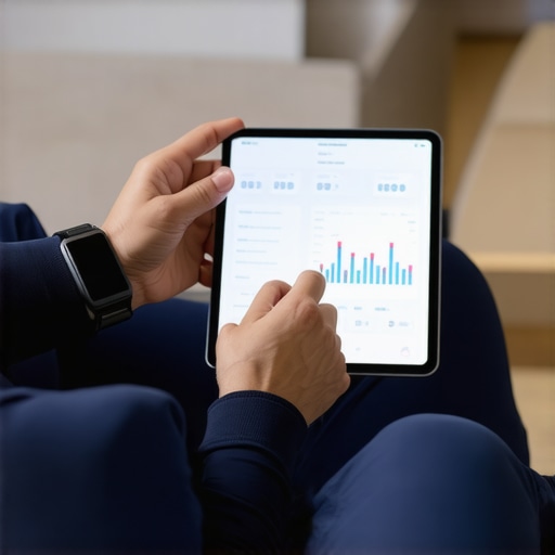 Close-up of a person checking their fitness tracker and tablet for health insights.