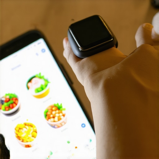 Person tracking health metrics on wearable device and mobile app during a workout.